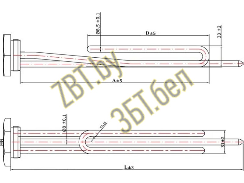 Тэн для водонагревателя ( бойлера) WTH523UN / 2000w (резьб.D40mm, p2.25) 'SKL-китай'- фото2