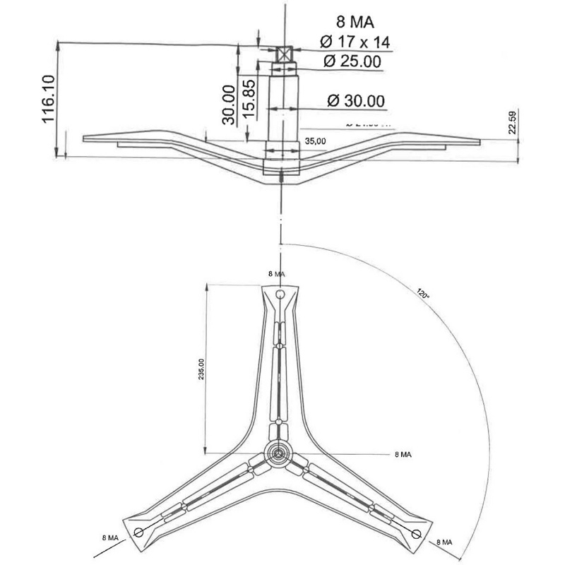 Крестовина бака для стиральной машины Bosch cod777 (для барабана 00684101, высота вала-116 мм, пос. под сальник-35 мм, радиус крестовины-232 мм, крепление шкива: болтом М8, подшипники: 6205+6206) - фото5