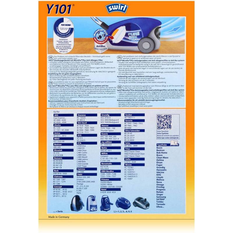 Мешки / пылесборники / фильтра / пакеты к пылесосам Aeg, Beko, Daewoo, Eta Swirl Y101/4 MP- фото2
