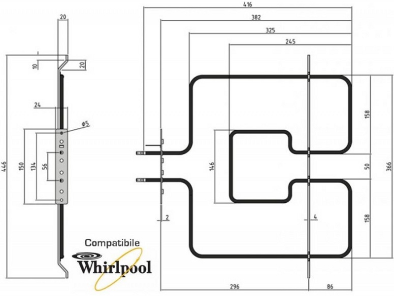 Тэн верхний (гриль) для духовки Whirlpool 00203338 / 1400w 'Sahterm' (L381x366mm, фланец:151x24mm)- фото4